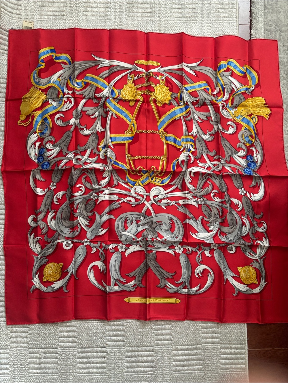 New with tag  authentic Hermes Red, Gold, Blue Baroque Silk Scarf